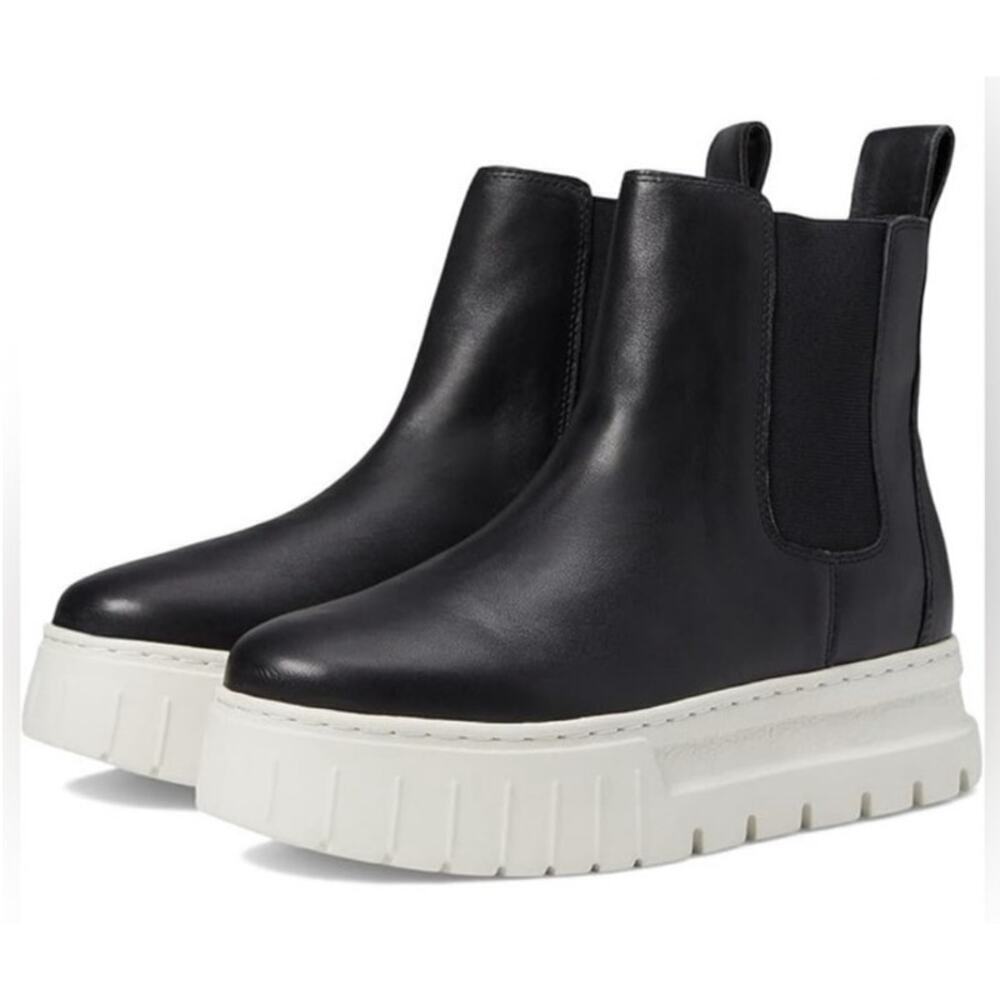 J/Slides Black Leather Rubber Sole Platform W's Riley Chelsea Boot, 6